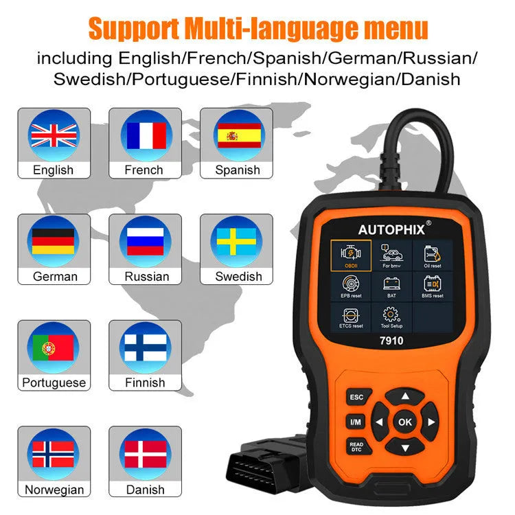 Autophix 7910 BMW diagnostic scanner with OBD2 connector and LCD display showing fault codes