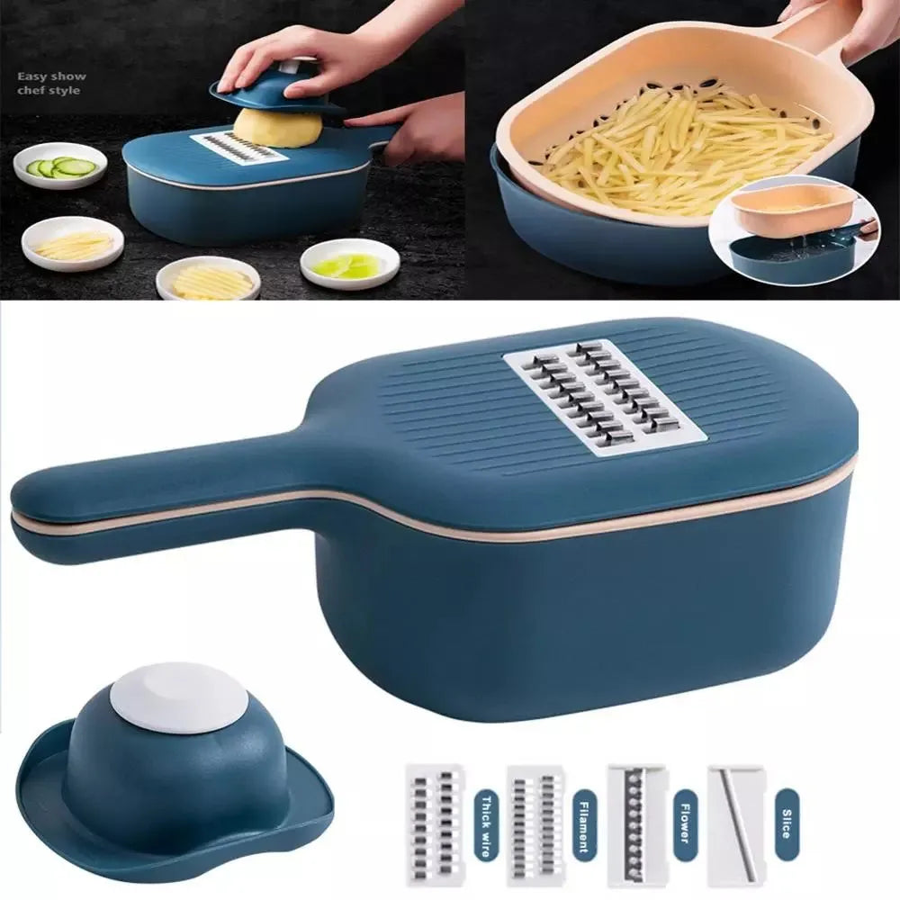 Dark blue vegetable cutter kitchen tool with hand guard, four stainless steel blades, and a white drain basket.