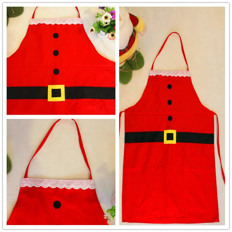 Red Christmas apron for adults and children on a hanger, showing adjustable neck and waist straps.