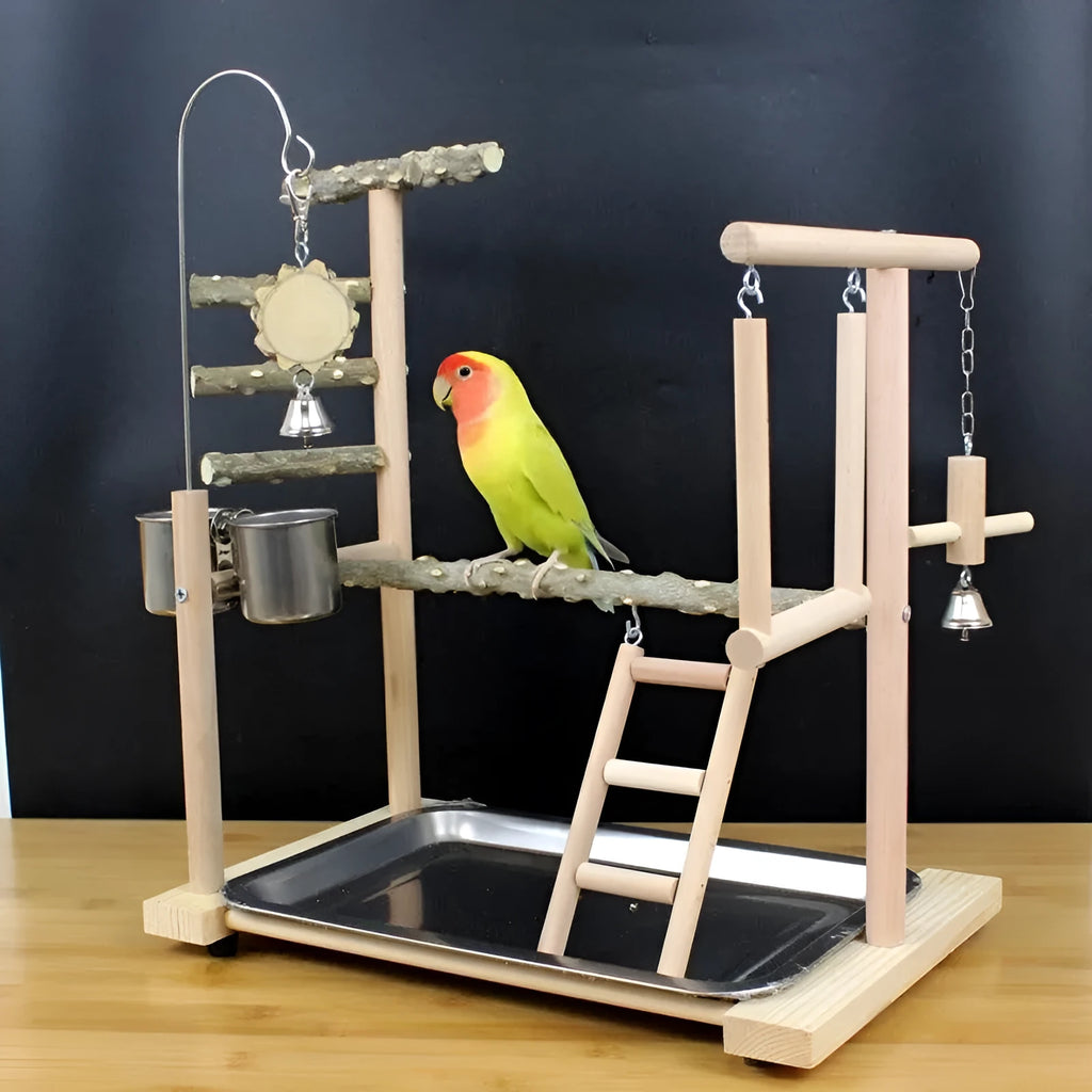 Natural pepper wood parrot stand with toy rack and textured tiger skin peony design.