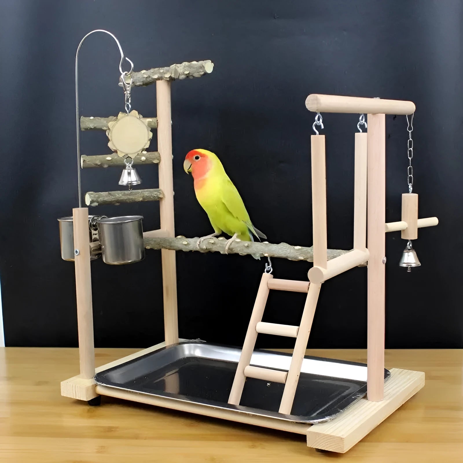 Natural pepper wood parrot stand with toy rack and textured tiger skin peony design.