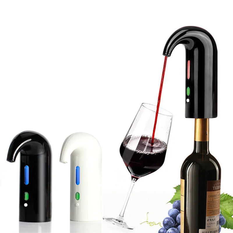 Black electric wine decanter with USB cable and silicone catheters for aerating red wine