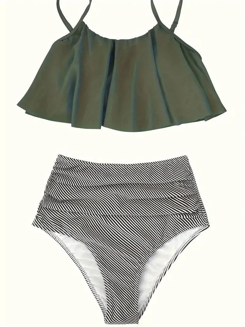 Green or orange pink women's swimsuit with ruffles, high waist, conservative split