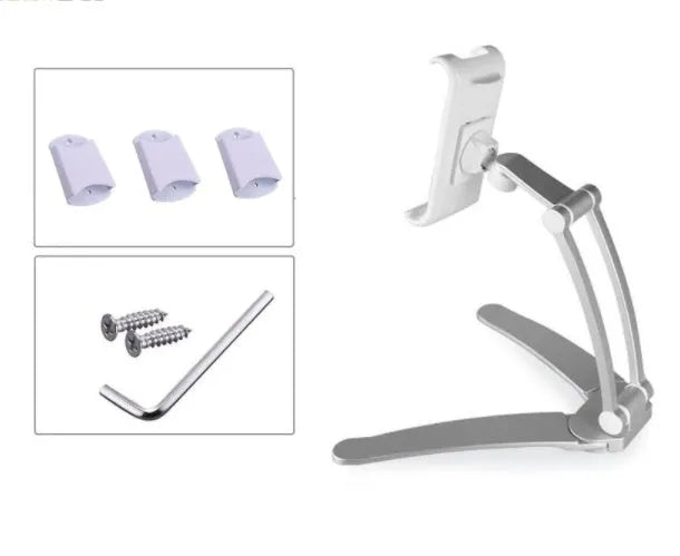 Aluminium alloy desktop tablet stand with adjustable clips and 360-degree rotation for tablets up to 10.5 inches