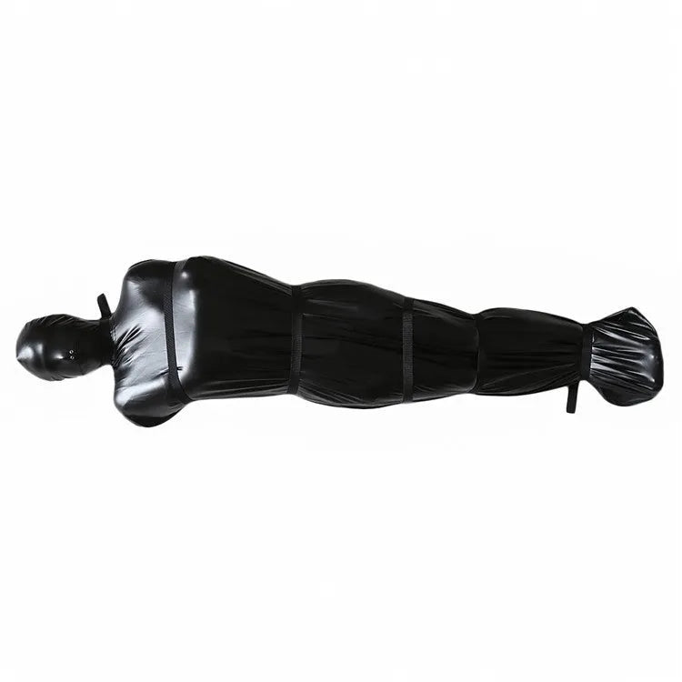 Black patent leather nostril clothing bondage set with six ratchet tie down straps