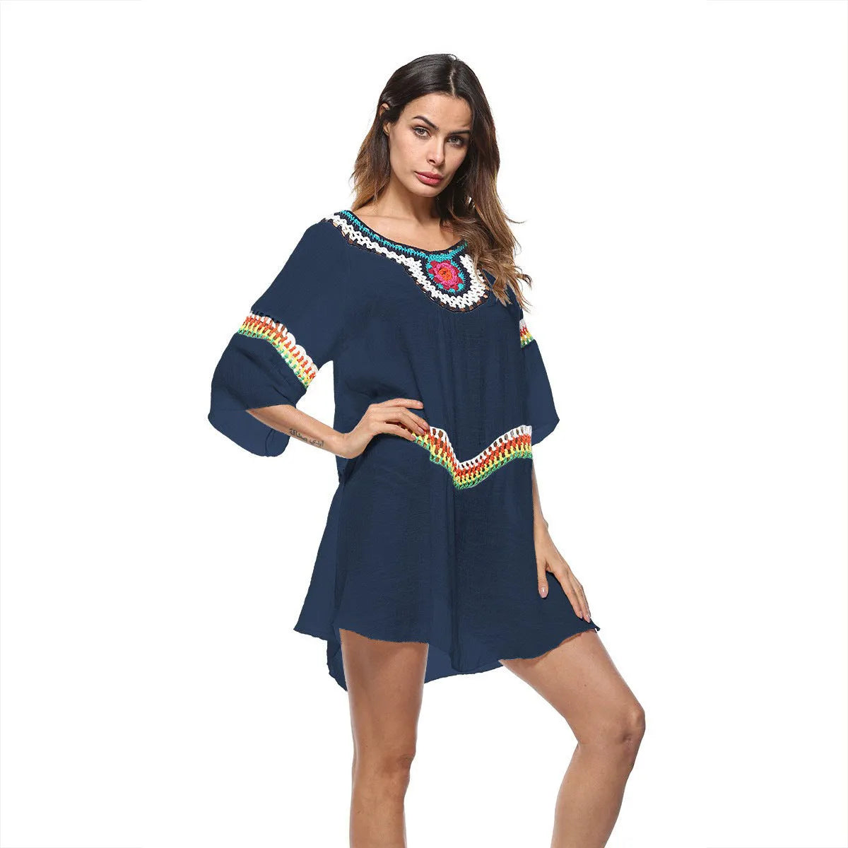 Crocheted ethnic style sun protection clothing for women in apricot colour, made from acrylic fabric for beach use