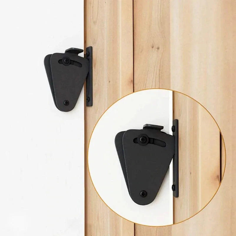 Black stainless steel sliding barn door lock showing S and M size options