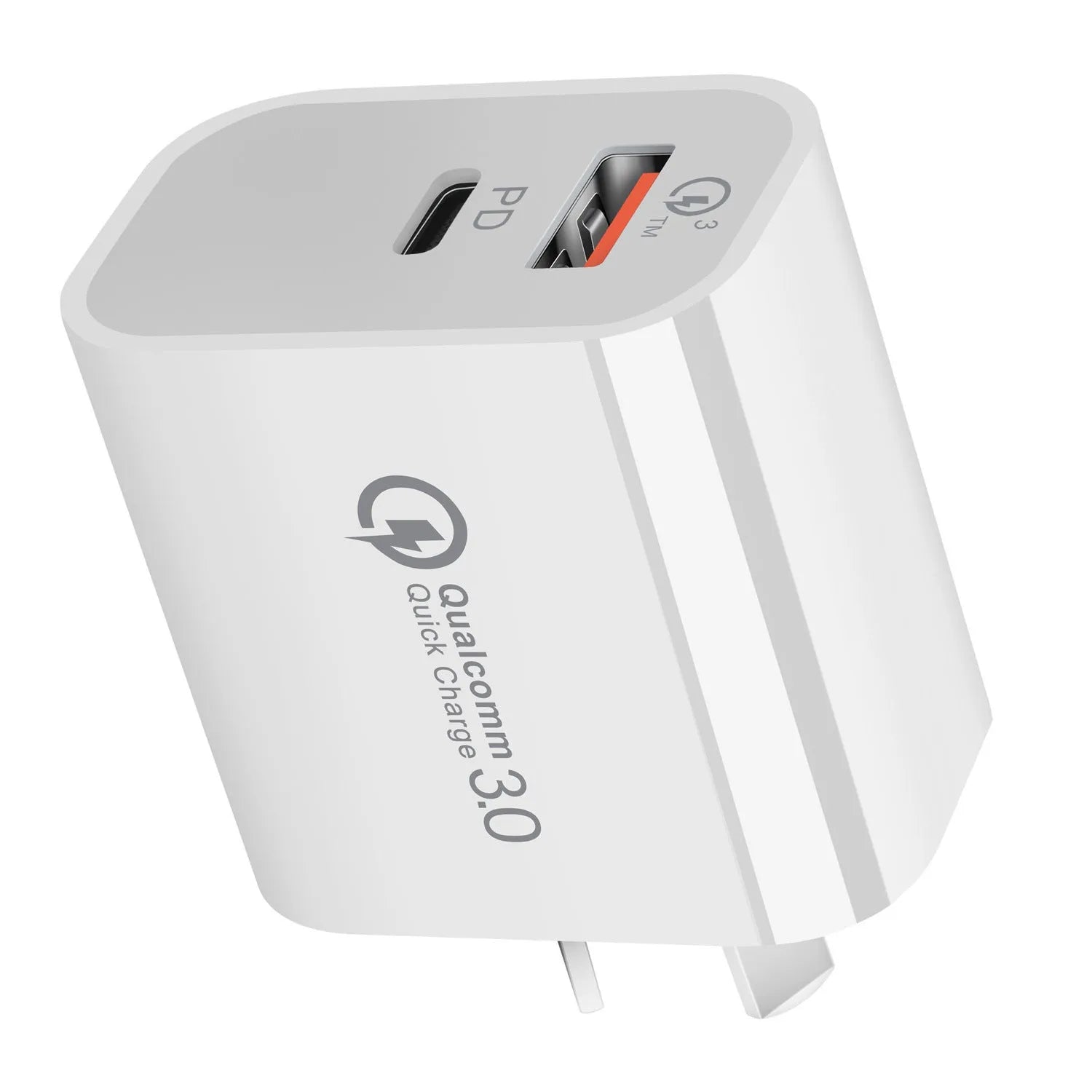 White Australian dual port USB wall charger showing Type-A and Type-C ports
