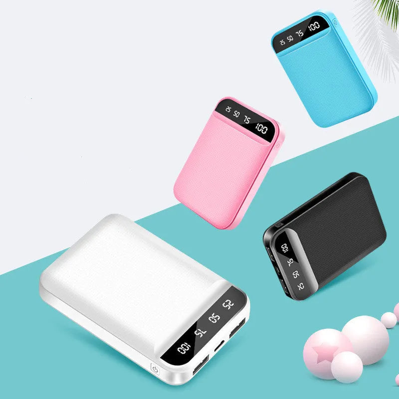 Mini power bank in black, blue, pink, or white with dimensions 93mm x 63mm x 22mm and multi-USB ports