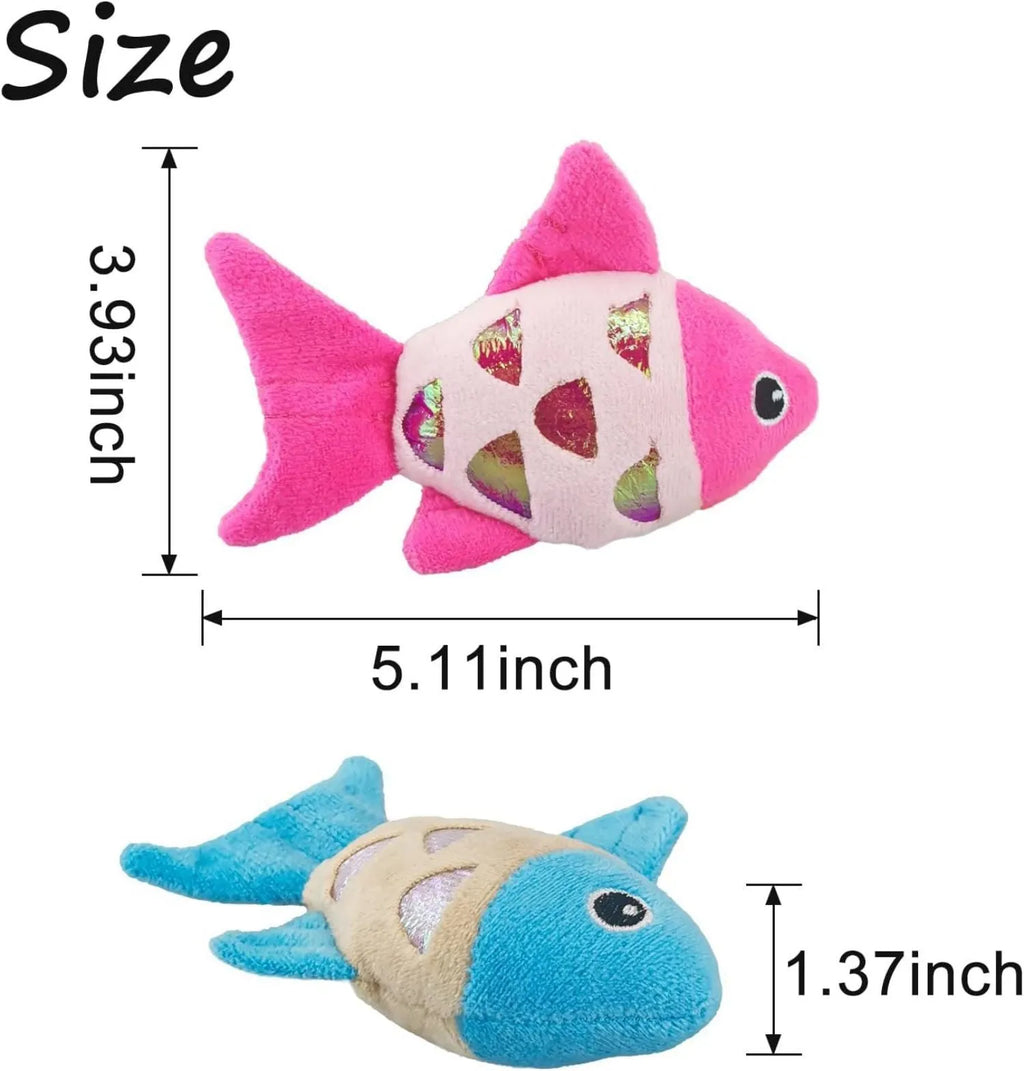 Two fish-shaped catnip plush toys with crinkle paper sound layer in blue, orange, and pink colour options