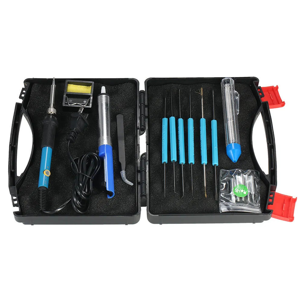 60W adjustable electric soldering iron kit with 16 pieces including soldering tips, desoldering pump, tweezers, and carry case.