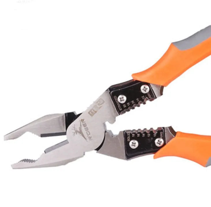 Orange multi-function wire cutter with chrome molybdenum steel head and textured PVC handles for electrical work