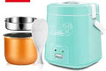 Blue 2-litre rice cooker with non-stick liner and steam pan on a kitchen counter