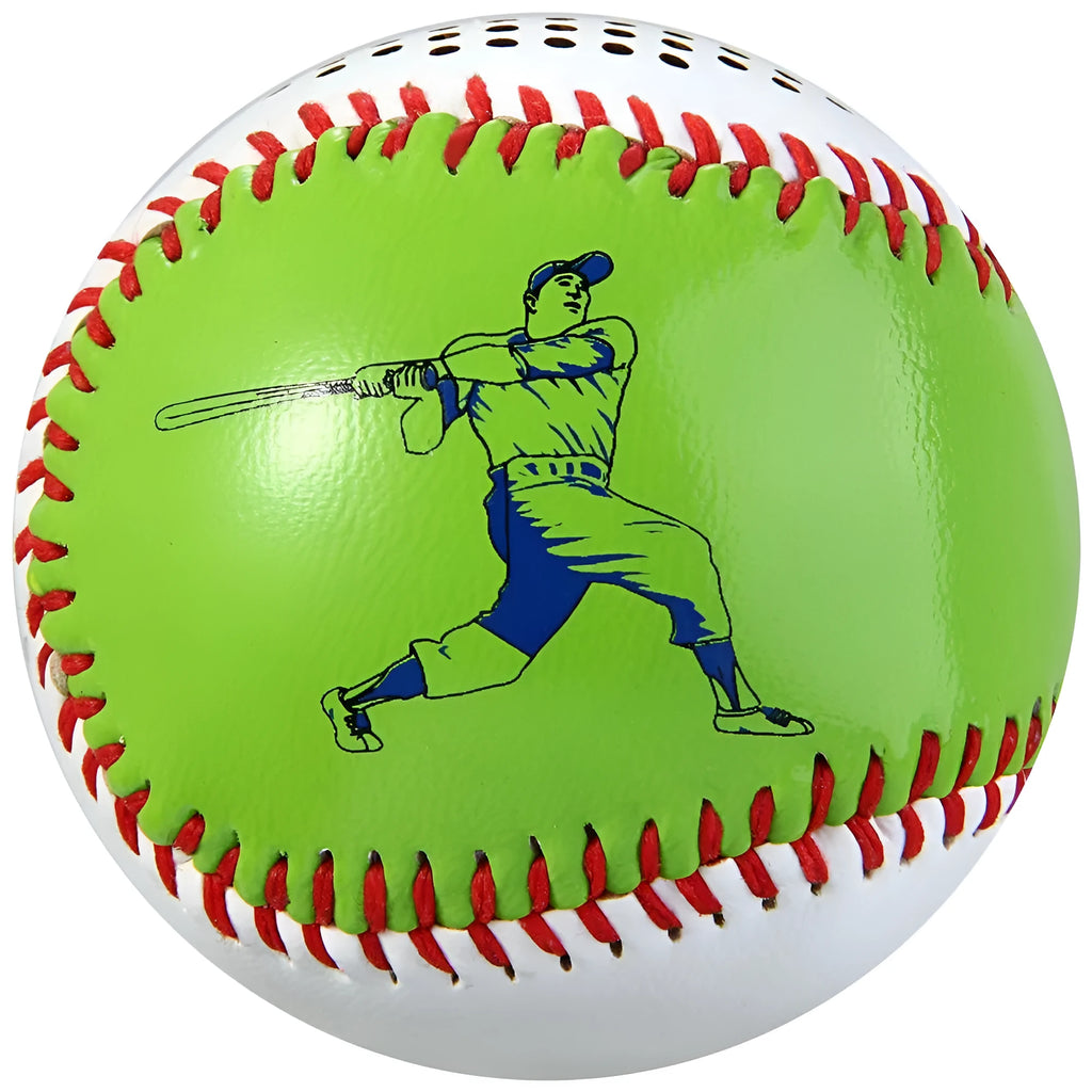 Baseball-themed portable Bluetooth speaker in green, orange, or white colour with USB port
