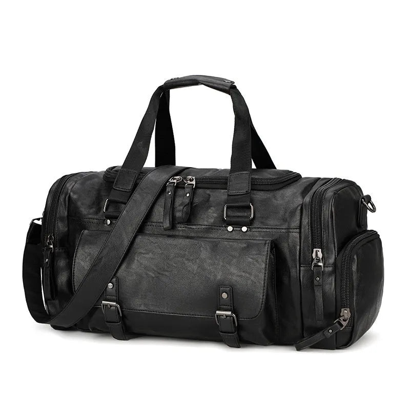 Black travel bag with shoe compartment measuring 52cm height, 19cm width, and 27cm depth