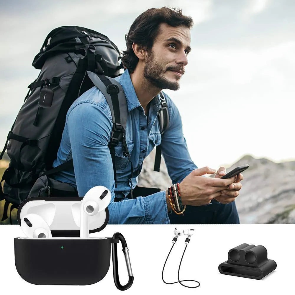 Silicone AirPods Pro case set with anti-lost buckle, strap hanging buckle, anti-lost rope, 63 x 47.5 x 28mm, six colours