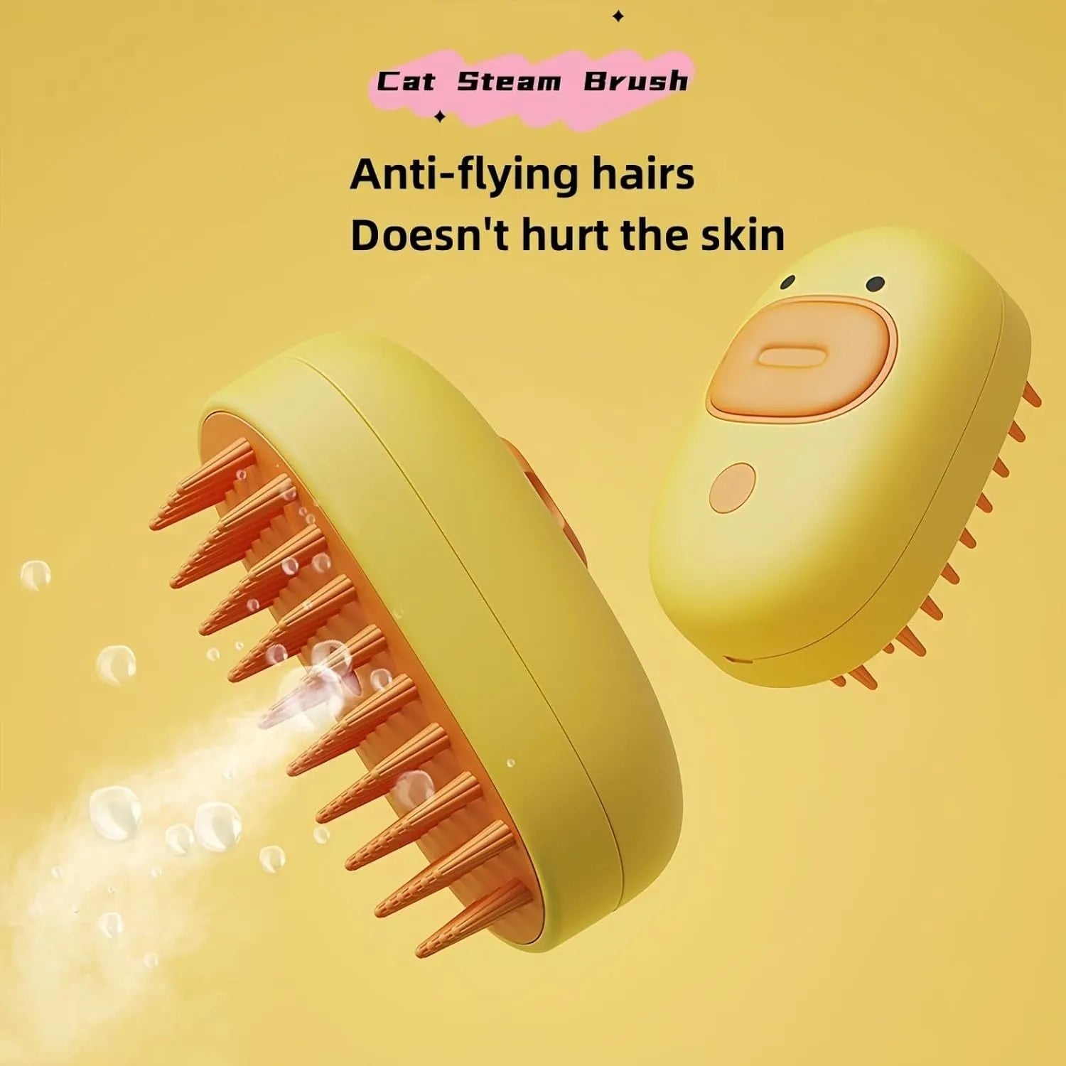 White or yellow Cat Steam Brush with silicone teeth and rechargeable spray for grooming dogs and cats