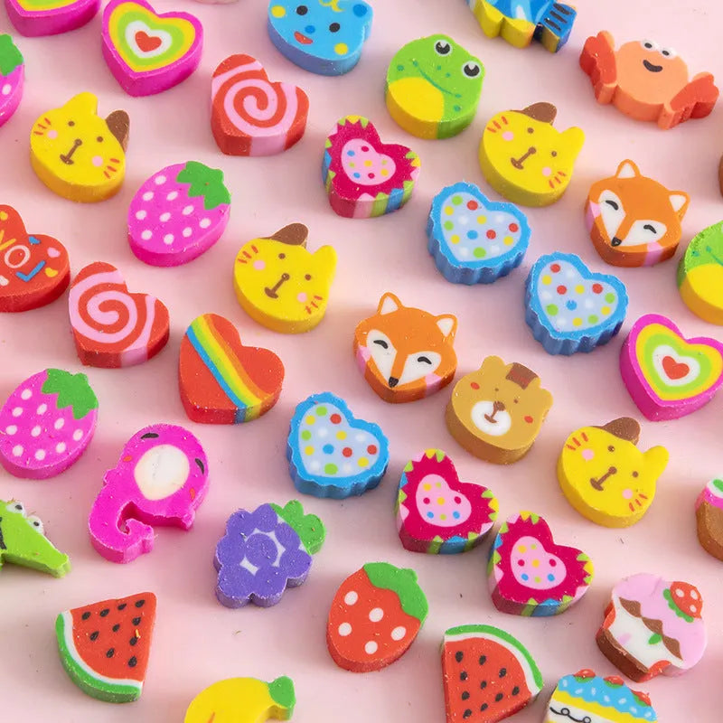 Open pearlescent film bag showing 50 small colourful cartoon fruit and theme erasers, each measuring 1-1.5 cm.