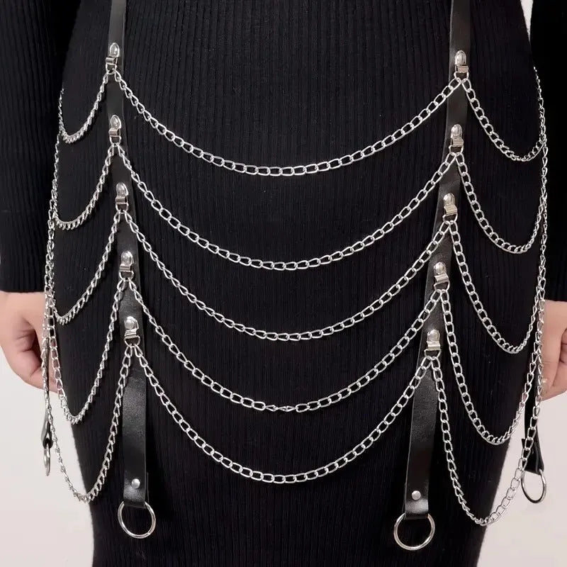 Black PU leather waist chain with adjustable bandage binding and buckle detail.