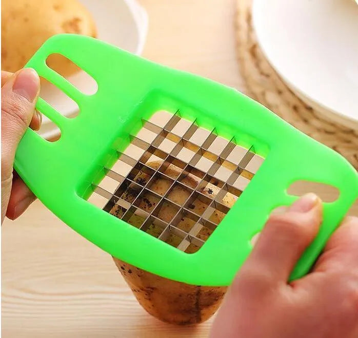 A potato cutter chopper with two stainless steel blades and a non-slip rubber foot on a kitchen counter.