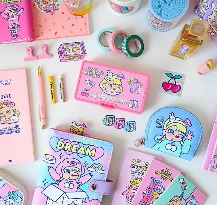 Set of 16 square Korean-style cute cartoon PVC stickers inside a transparent storage box.