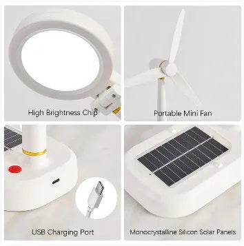 Ivory white solar table fan with LED study lamp showing dual-function design and button controls