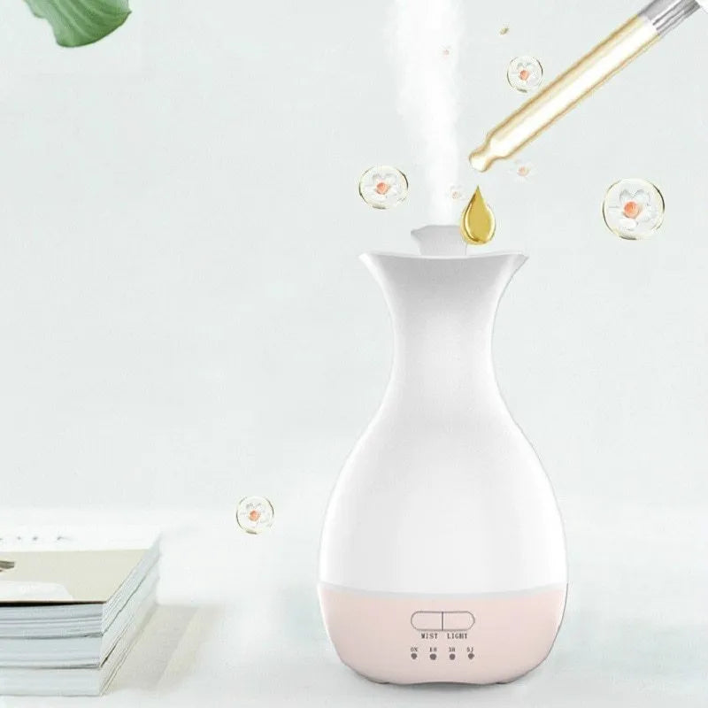 White ultrasonic aromatherapy humidifier with colourful LED night light and 200ml water tank capacity