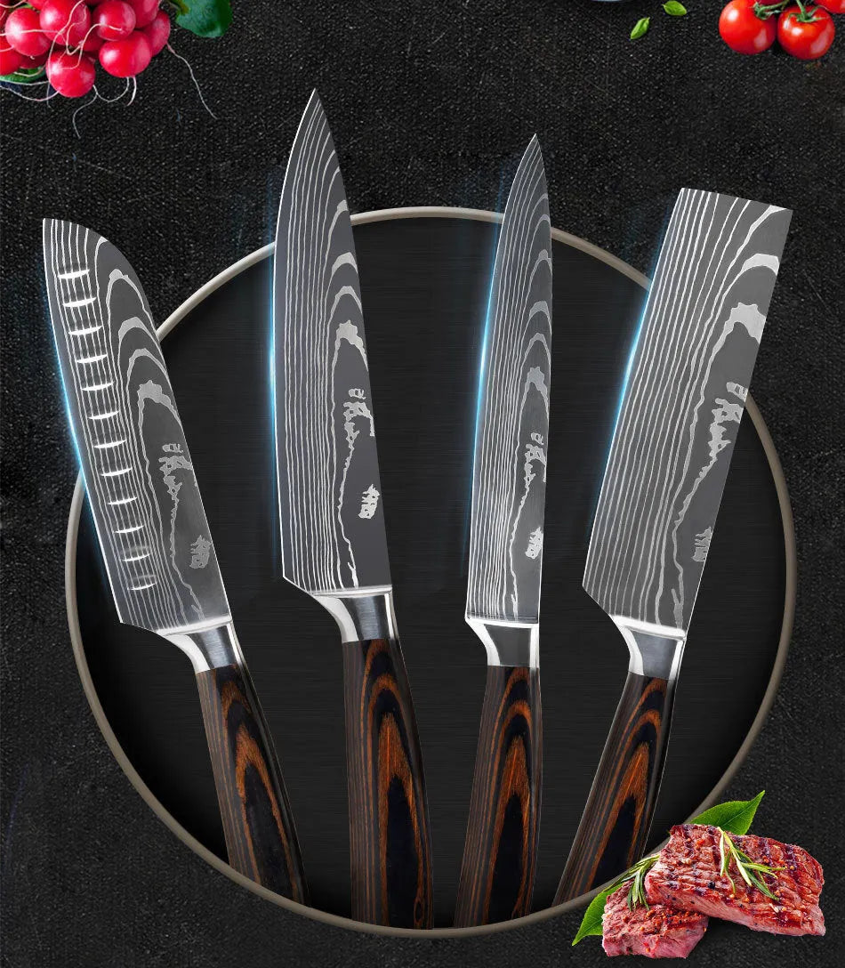 Professional kitchen knife with laser Damascus pattern on 7CR17 stainless steel blade, colour steel handle