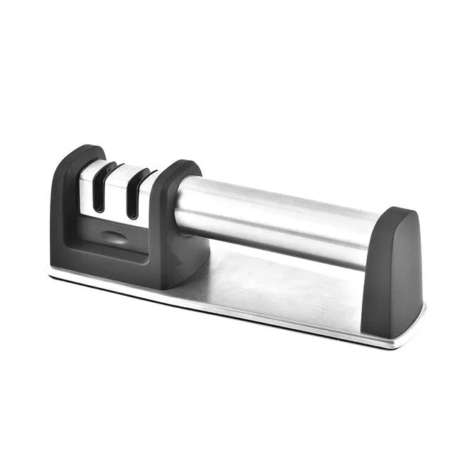 Black kitchen sharpener with 20-degree angle guide and non-slip ABS base for knife maintenance