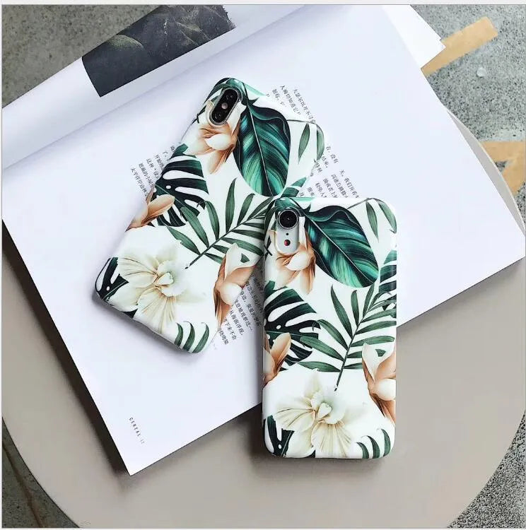 Floral banana leaf artwork phone case for iPhone models with flower leaves colour