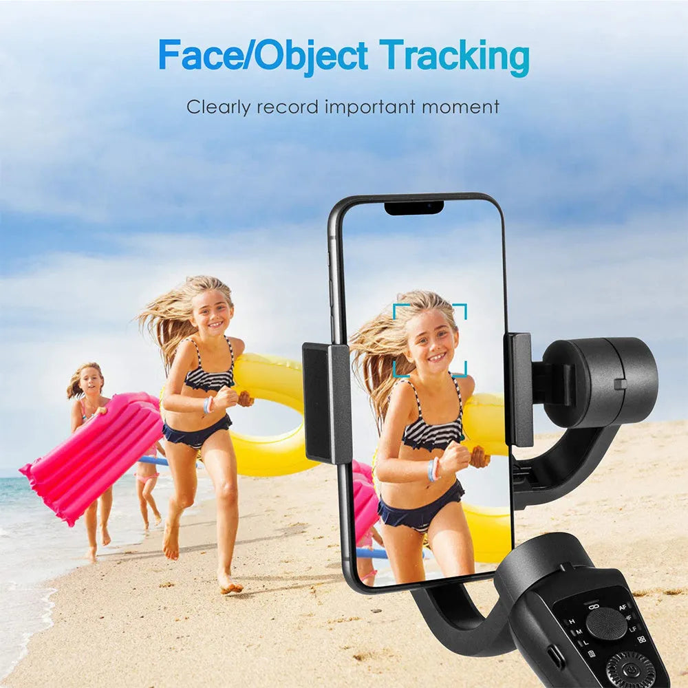 Black three-axis handheld gimbal stabilizer for mobile phones showing 10.8cm length by 7cm width dimensions