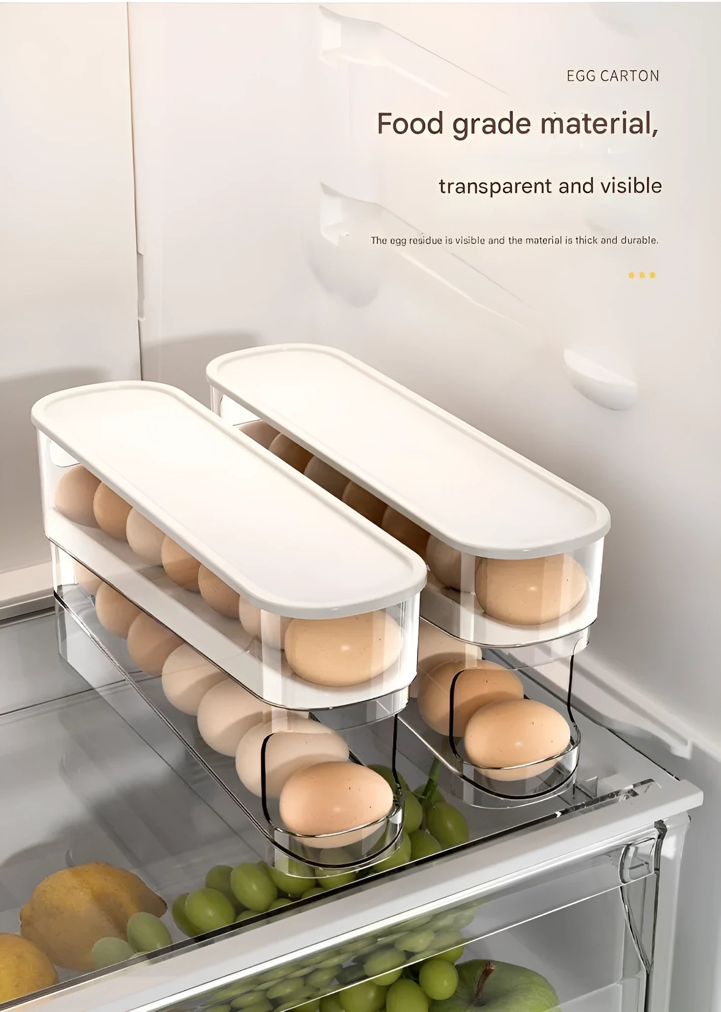 Transparent white refrigerator slide-out egg tray with automatic dispenser mounted on refrigerator door