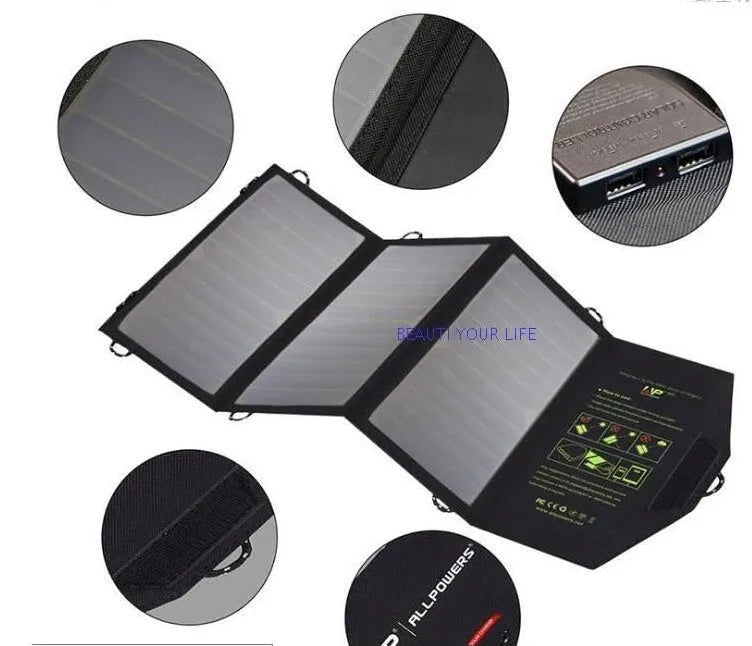 Black foldable solar panel charger with dual USB ports and backpack attachment loops