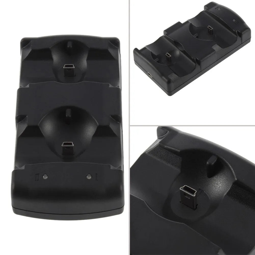 Black plastic PS3 dual USB charging dock holding two wireless controllers with included USB cable