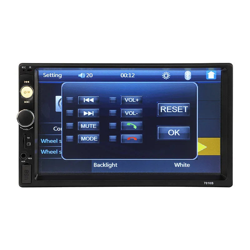 Black 7-inch car MP5 player with screen, USB and SD card slots, and remote control.