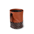 Leather retractable car trash can showing folded and expanded states with handle