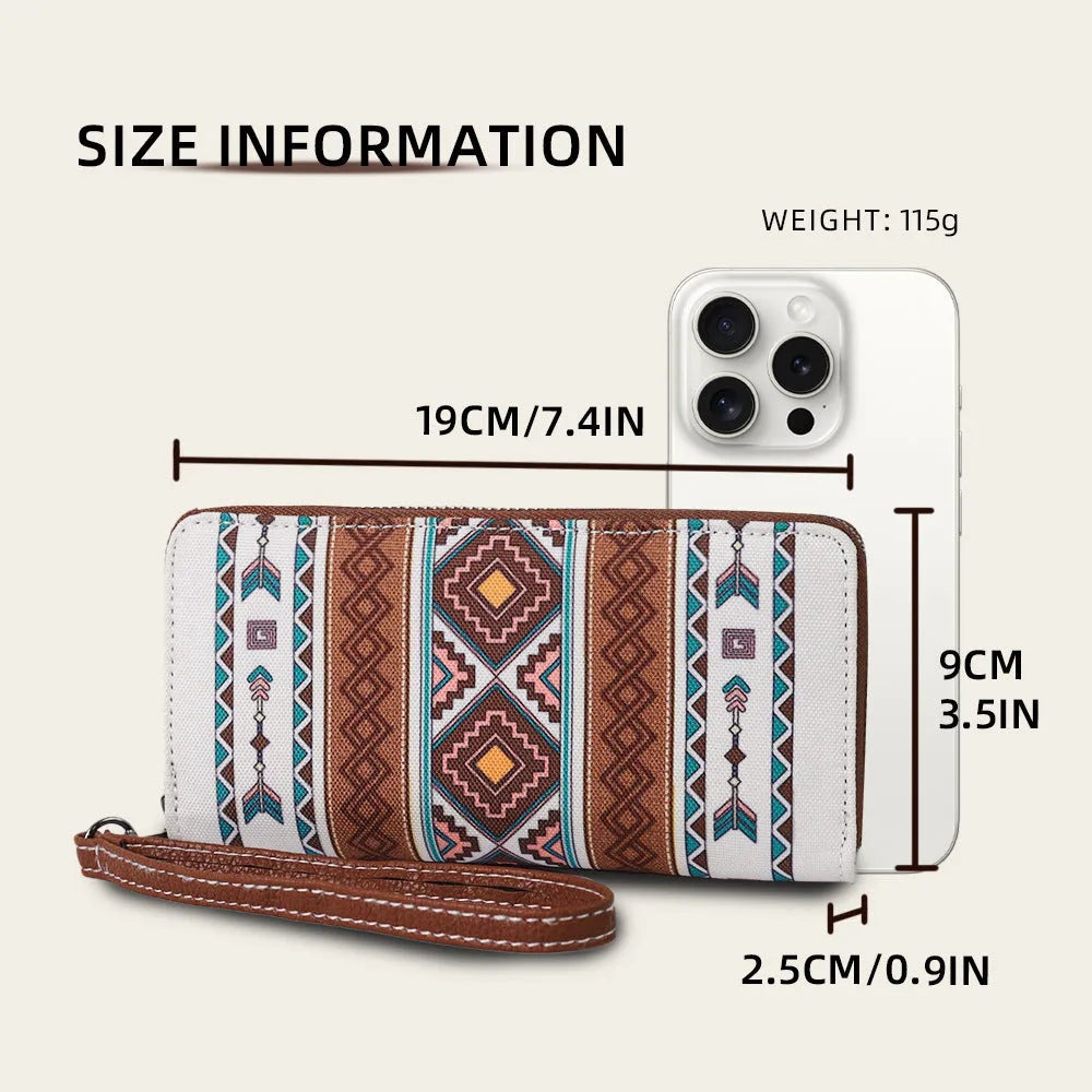 Bohemian Wind Belt RFID wallet in canvas with striped pattern, showing interior card slots and 20x10x2cm dimensions