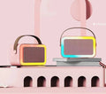 Portable Bluetooth karaoke microphone with coloured LED lights in pink, sky blue, or white, showing single or double wheat options