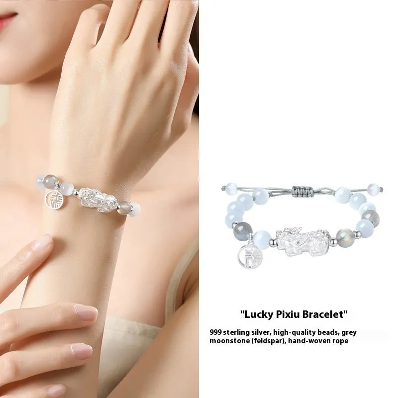 Hand-woven sterling silver couple bracelet with animal tassel decorative elements