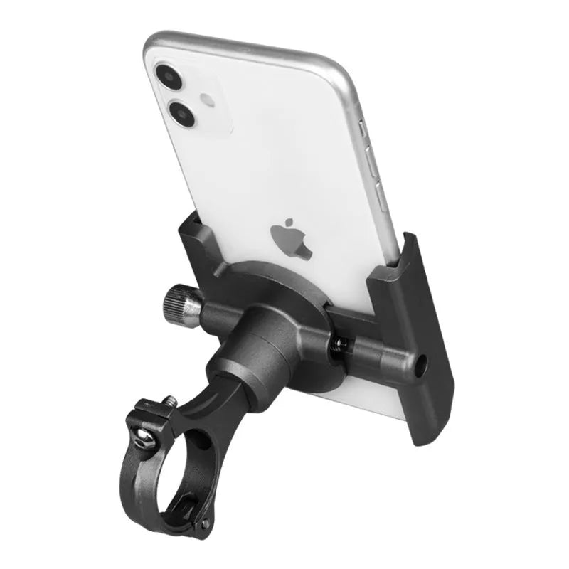 Black aluminium alloy bicycle phone holder mounted on a bike handlebar, showing adjustable clamp.