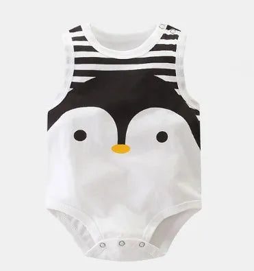 Sleeveless cotton baby romper bodysuit with cartoon character pattern in blue