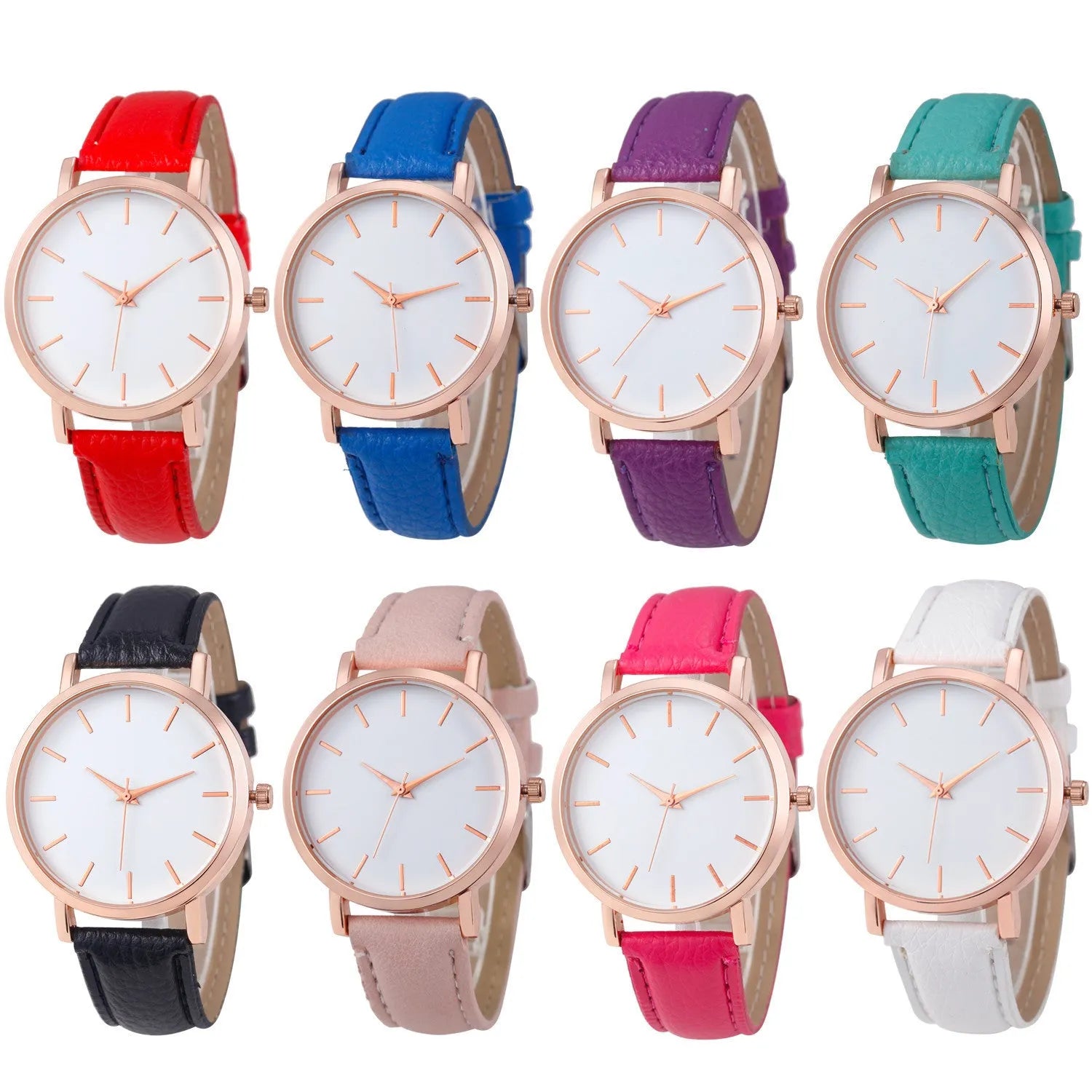Square-faced quartz watch with an alloy case and a PU leather strap on a wrist.