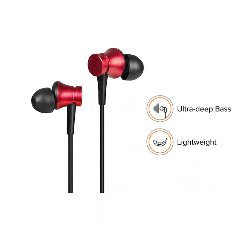Piston wired in-ear headphones with 3.5mm connector in black, blue, and red colour options