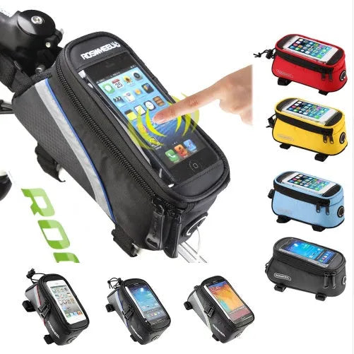 ROSWHEEL bicycle frame bag with iPhone holder in black, mounted on bike frame, showing water-resistant PVC material and secure attachment
