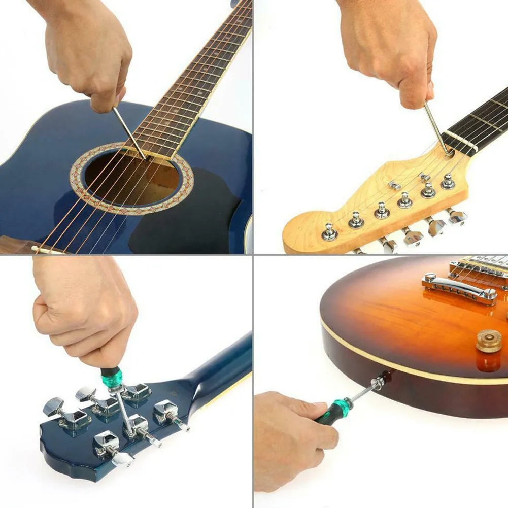 Black guitar repair kit case open showing metal and plastic tools including truss rod wrench, fret files, and string winder