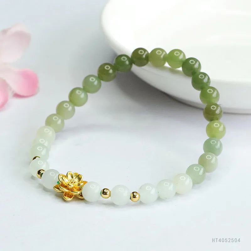 Hand-woven ancient style bracelet with Hetian jade gradient colours and lotus flower pattern