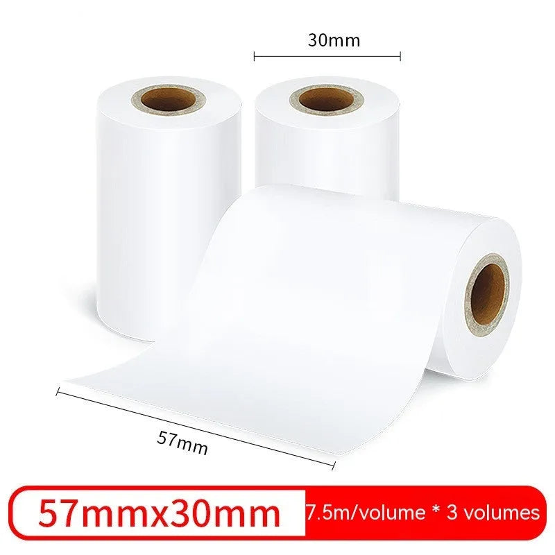 Three rolls of white 57mm thermal paper for portable printers on a blue background.
