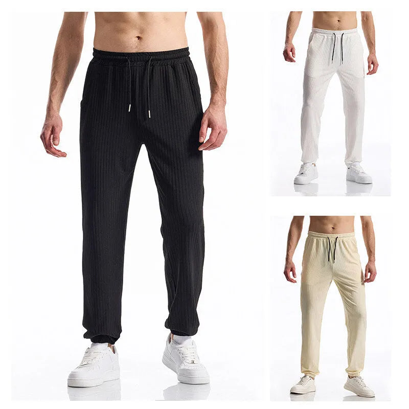 Silky rib fabric casual pants in baggy straight-leg style with elastic waistband