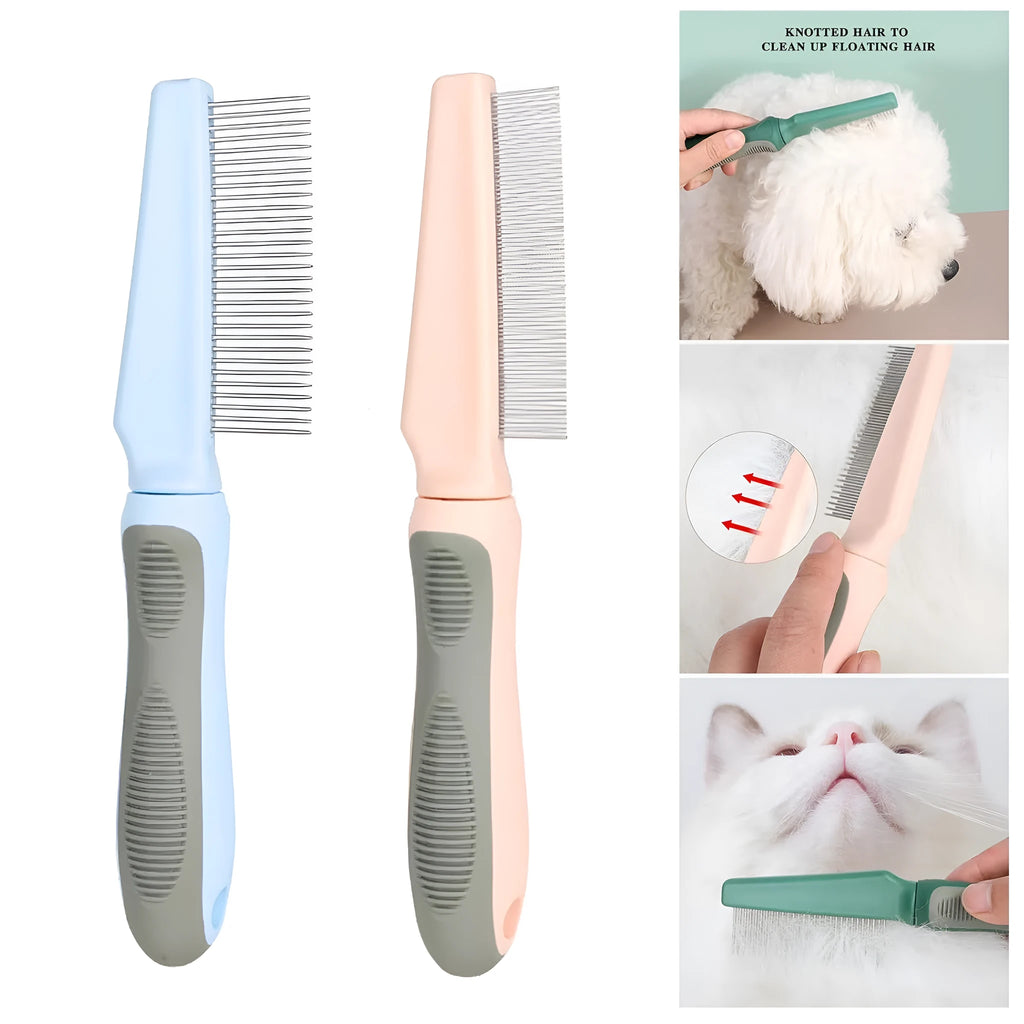 Blue pet detangler comb with three types of teeth and rubber handle for grooming cats and dogs