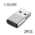 USB male to Type-C female adapter in black or silver colour with plastic stainless steel construction